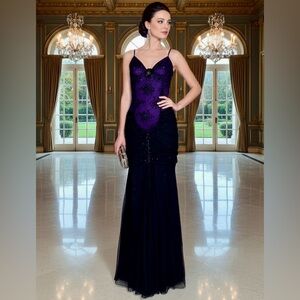Elegant Purple/black hand, beaded Attitudes by Debra‎ Evening Gown